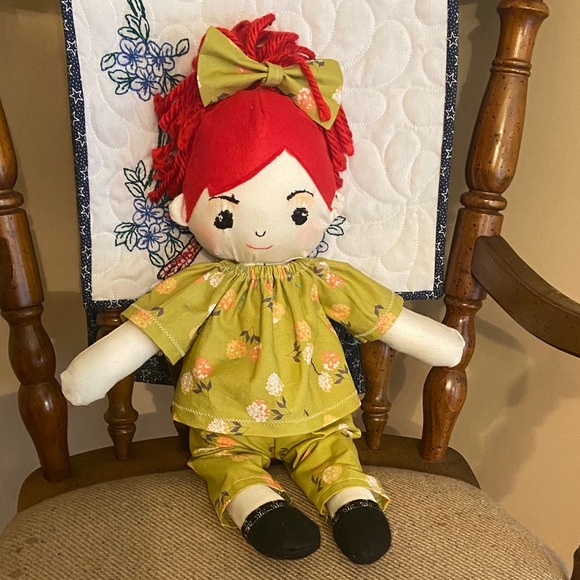 Handmade Rag Doll with Red Hair and Green Outfit - Picture 1 of 5